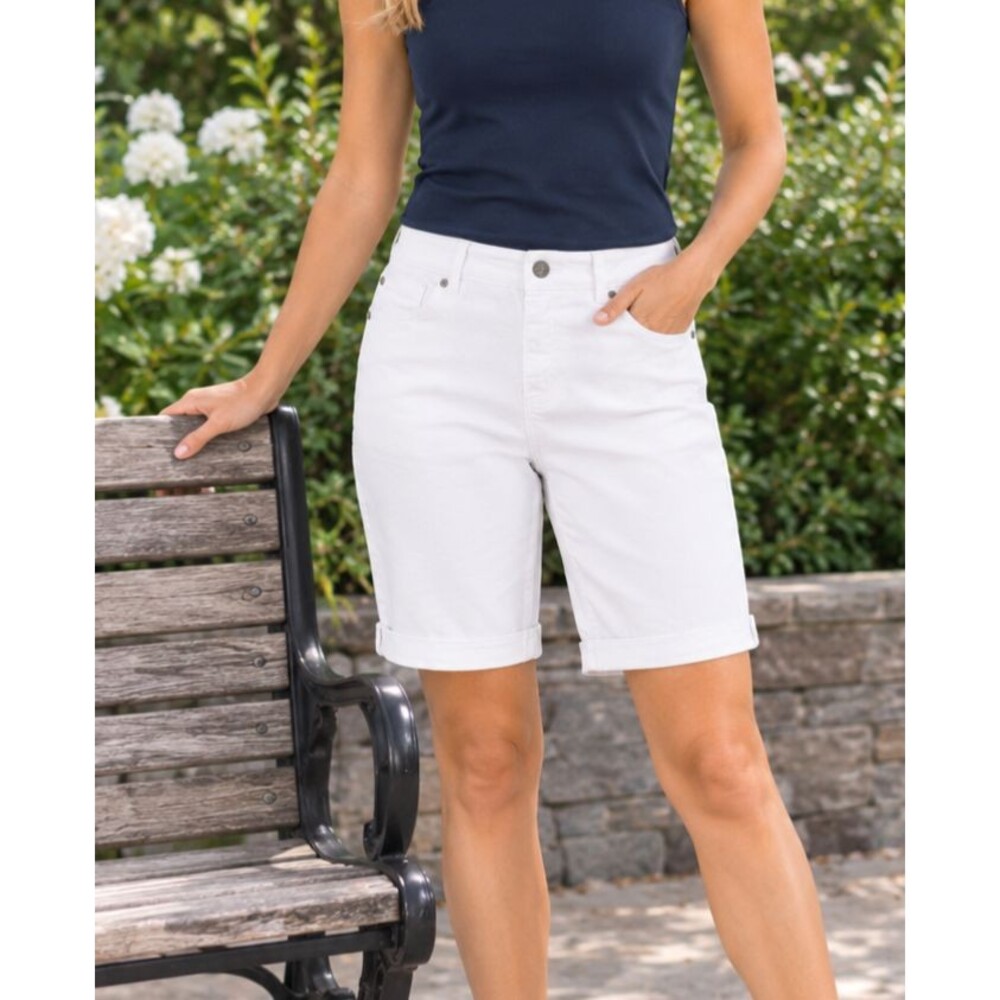 Soft Surroundings Denim Shorts Womens Medium White Stretch Cuffed Bermuda